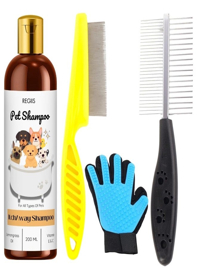 مجموعة ريجيس للعناية بالحيوانات الأليفة مع شامبو، وفرشاة لإزالة الشعر الزائد، وقفاز، ومشط، وتركيبة 200 مل من فيتامين E وC بنكهة عشبة الليمون للكلاب والقطط وجميع أنواع الحيوانات الأليفة (عبوة من 4 قطع) - Image 1